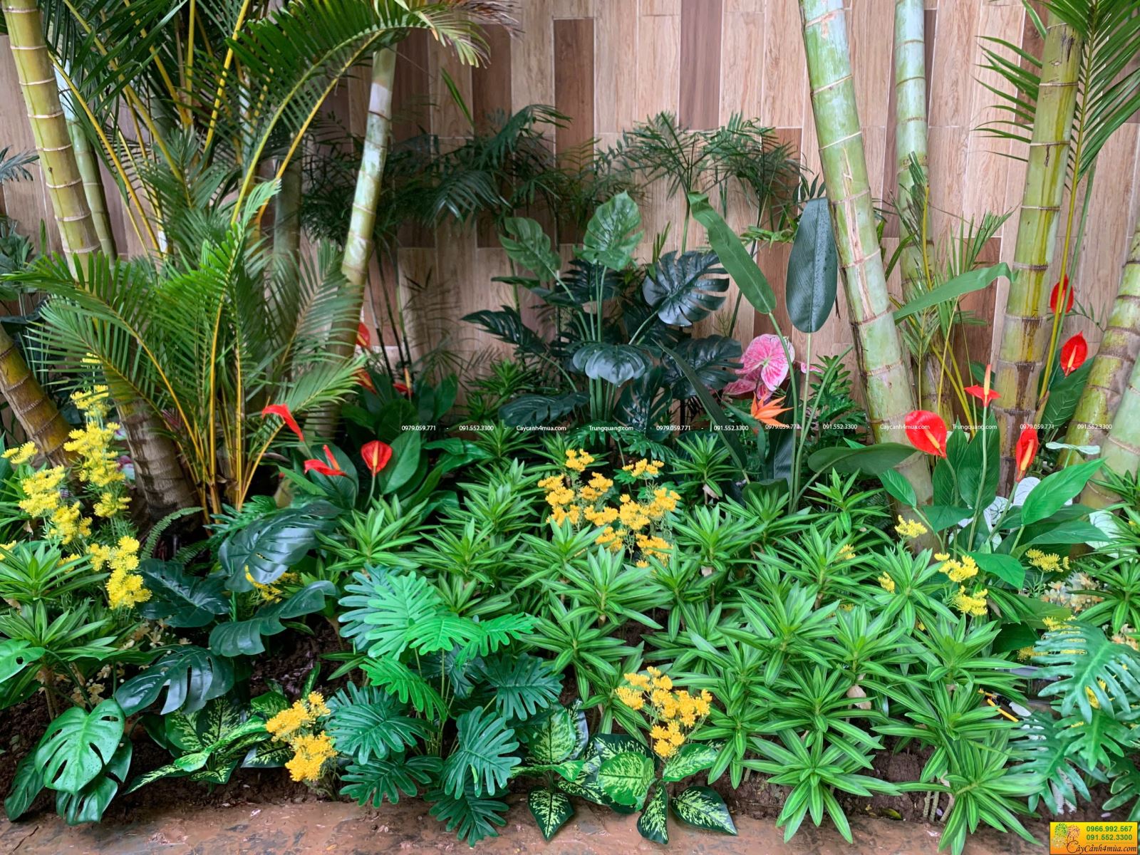 cây giả trang trí mix cây thật