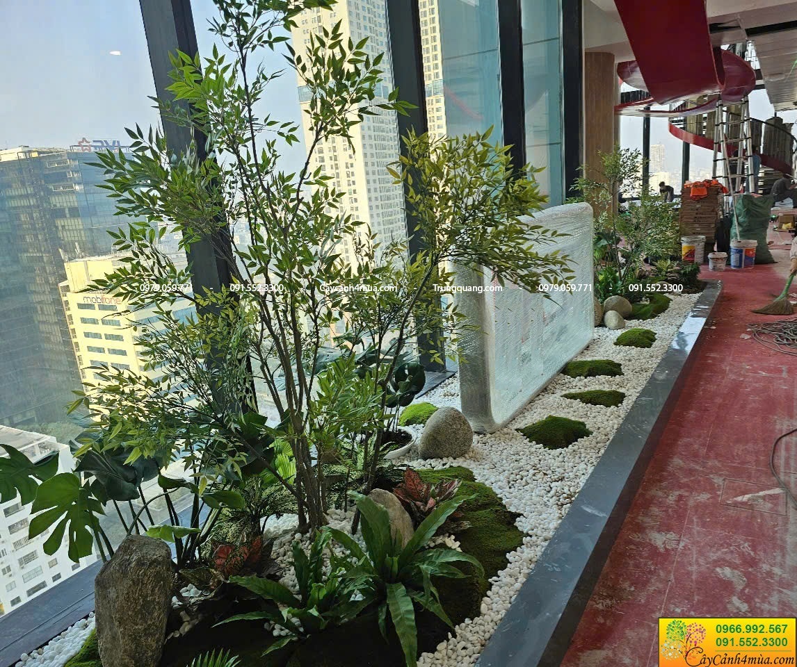 tiểu cảnh cây giả kết hợp cây thật
